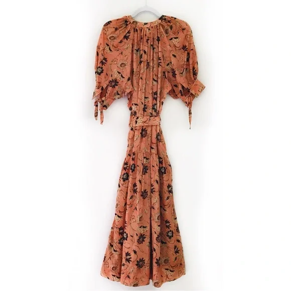 ULLA JOHNSON Primrose Puff Sleeve Tiered Midi Dress Salmon Floral - Picture 8 of 13